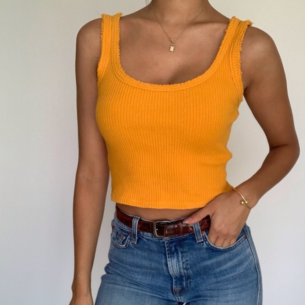 Mustard Yellow Sleeveless Ribbed Knit Cropped Tank Top